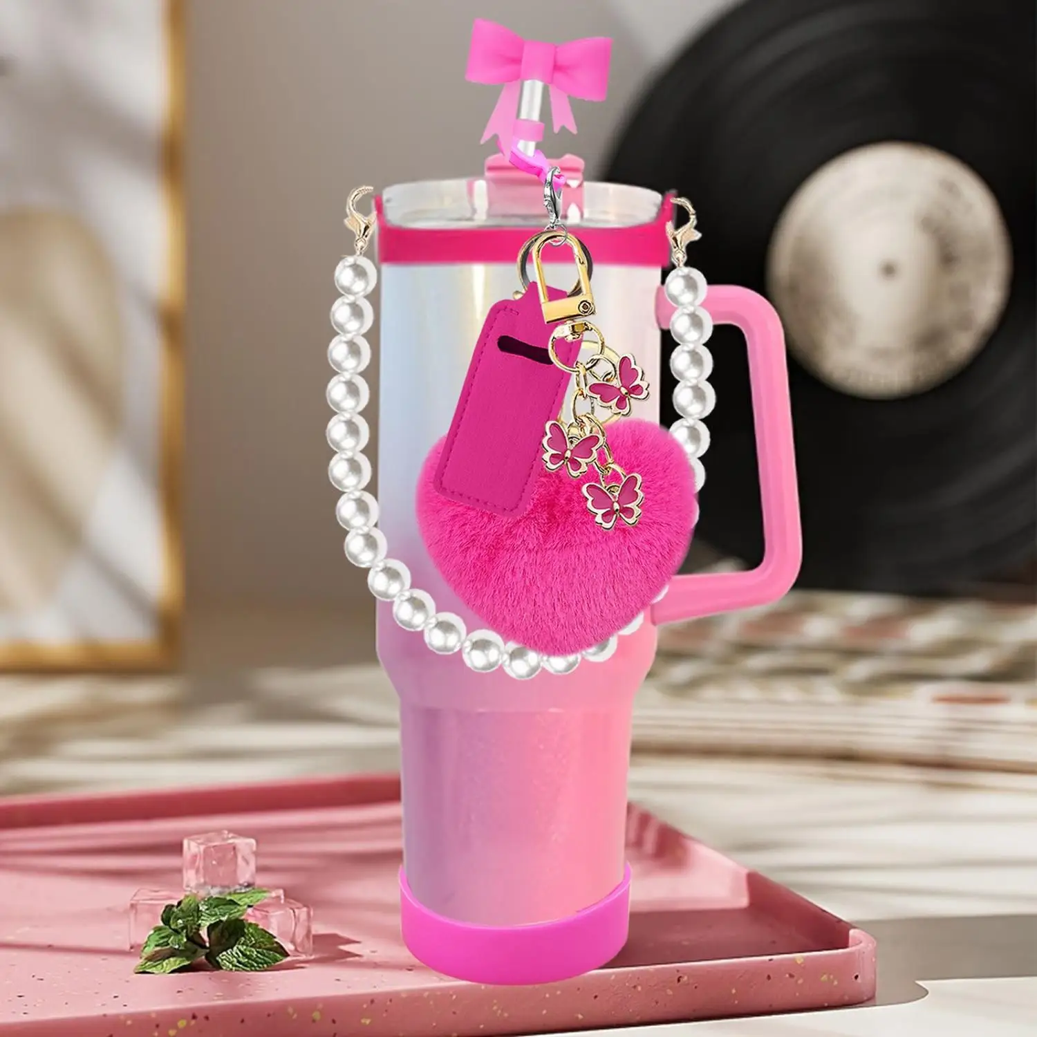 For Stanley Accessory Pearl Hand Strap Pendant Silicone Bow Straw Topper Heart Pom-Pom Butterfly Chain Sleeve for Beverages