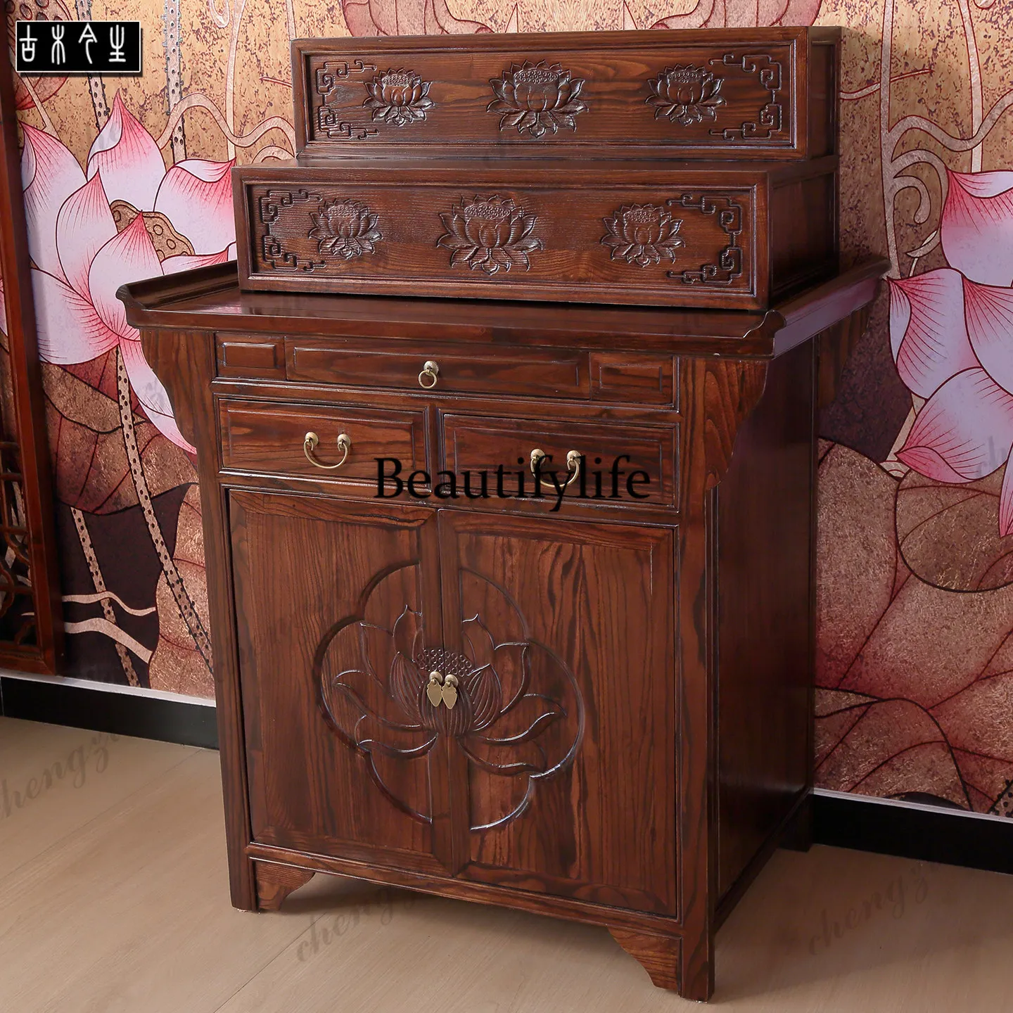 Solid wood offering table household Chinese classical carving multi-layer heightening offering table ancestor ranking table