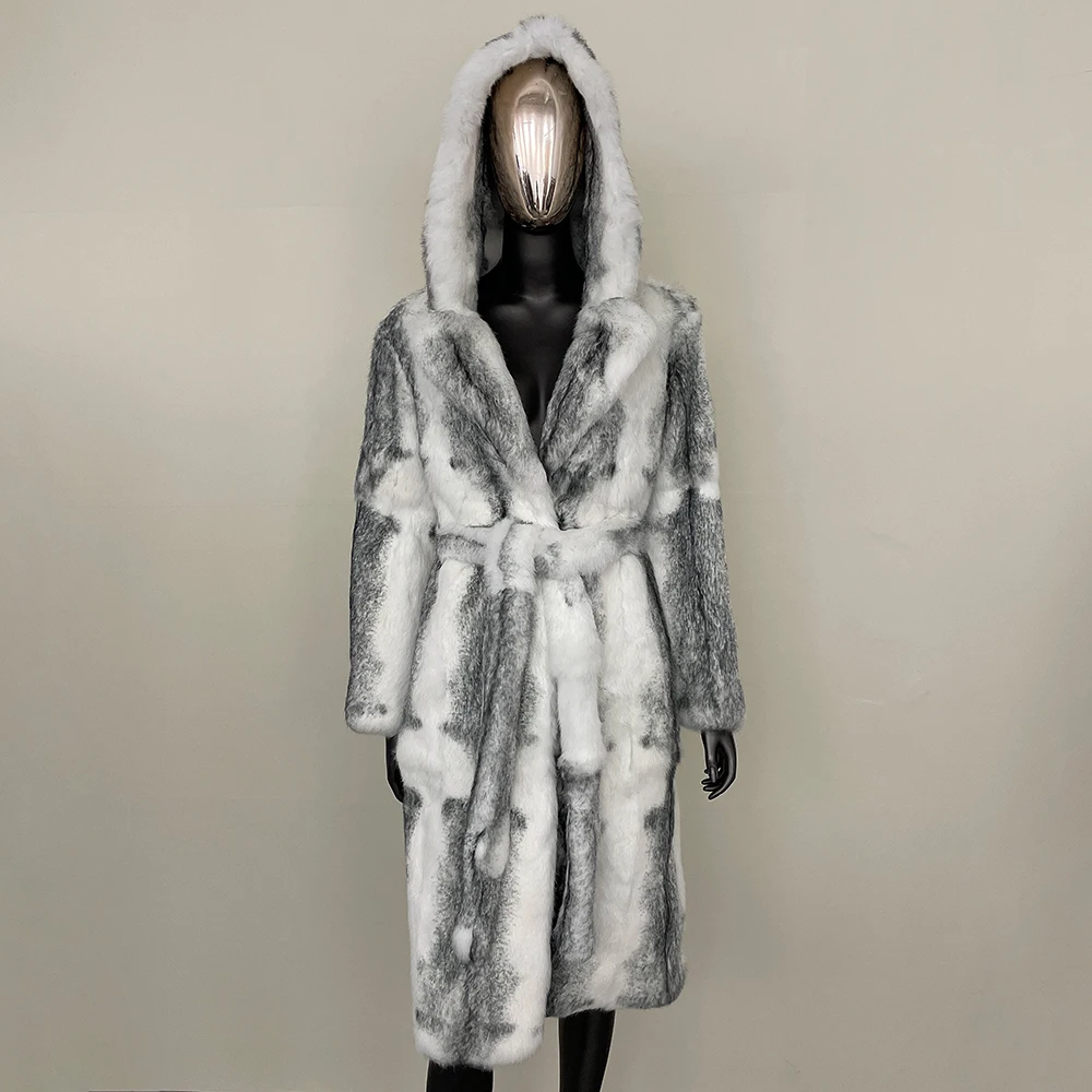 Longo pele natural luxuoso pele engrossado quente com capuz jaqueta 2024 outono inverno real casaco de pele de coelho casaco de pele de raposa real feminino
