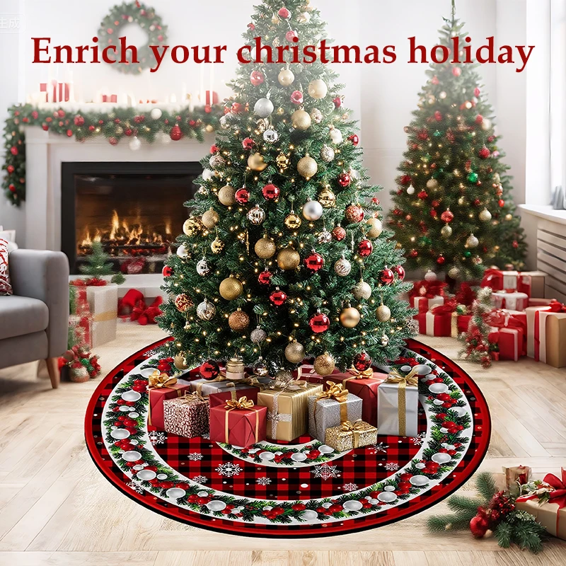 Weihnachtsbaumrock, rot-schwarz, Büffelkaro, rustikaler Weihnachtsbaumrock mit Schneeflocke, Weihnachtsmann-Ornamenten, Weihnachten, Urlaub, Zuhause, Party, Deko