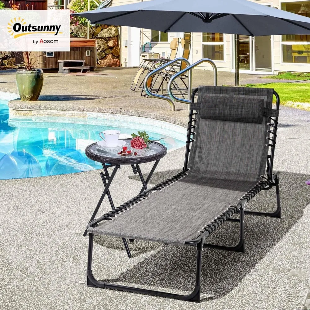 

Portable Folding Chaise Lounge Chair, Adjustable Sun Lounger with Removable Pillow for Patio Garden Beach Camping