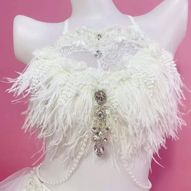 Bar Klub Nocny DJ Tancerz Tańcze na Rurze Kostium Białe Pióra Dżety LED Bikini Zestaw Impreza Klubowa Rave Pokaz Występ Ubrania