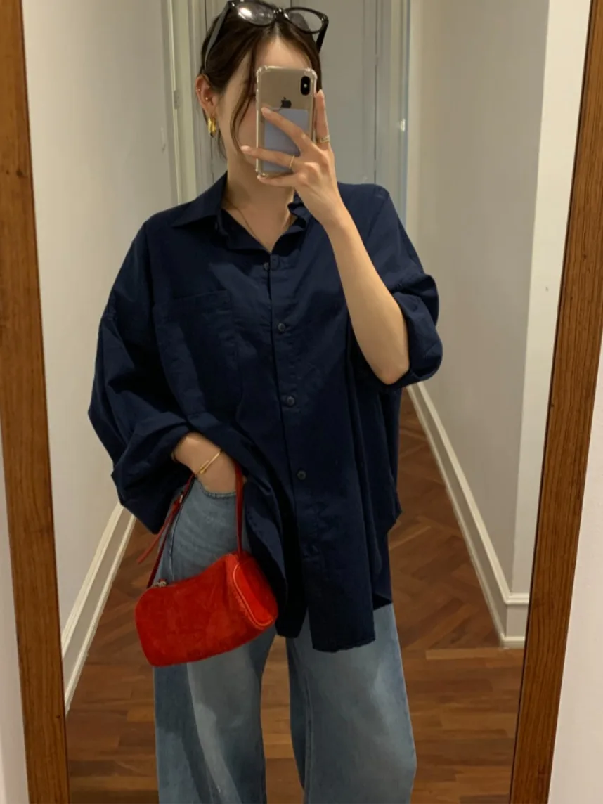 Chic printemps décontracté coupe ample longue Sve irt femmes col rabattu petits boutons polyvalent confortable chemisier asymétrique