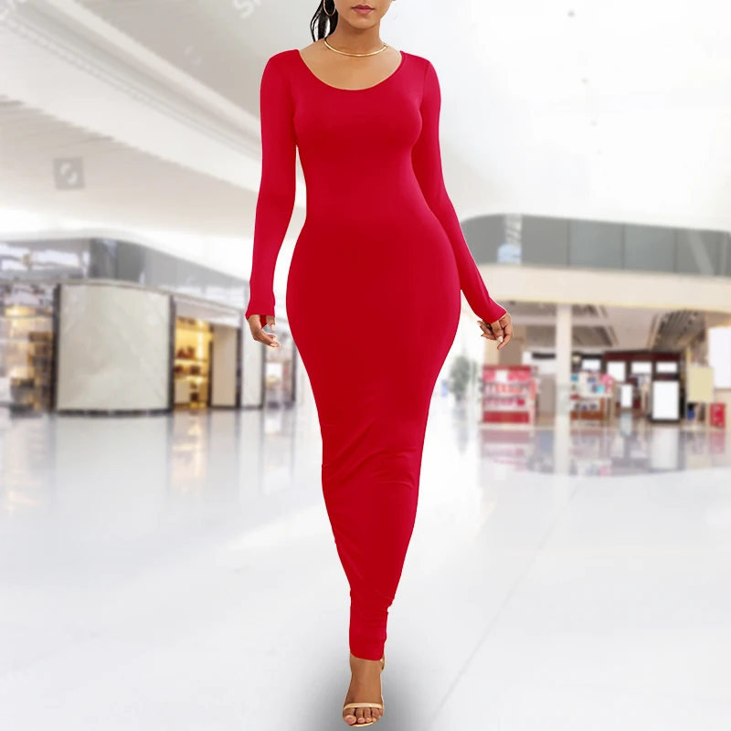 Kobiety wiosna jesień Sexy Solid Color z długim rękawem O-Neck Bodycon Maxi sukienka suknie wieczorowe eleganckie wygodne Vestidos