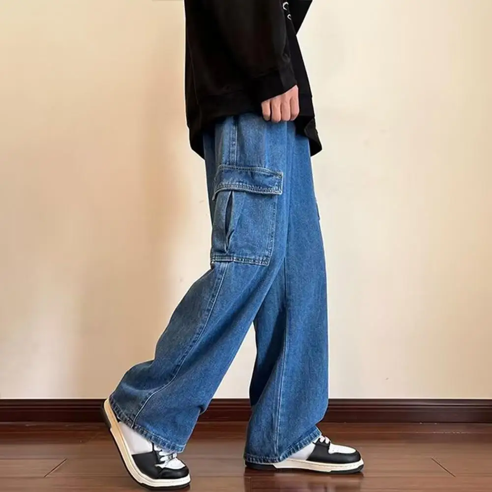 

Straight Trousers Versatile Men's Wide Leg Cargo Pants Stylish Drawstring Elastic Waist Full Length with Pockets for Casual