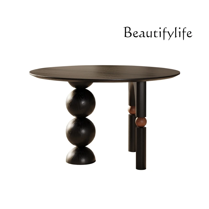 

French retro solid wood round dining table home living room coffee table antique simple