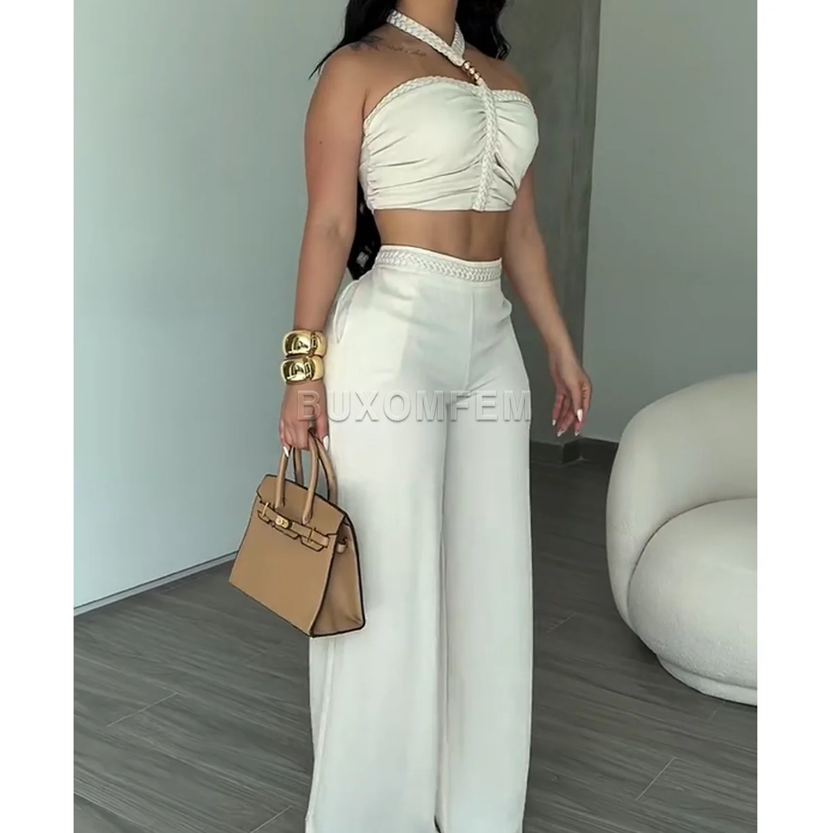 Two Piece Woven Strapless & Trimmed Flared Pants Set Women's Fashion Jumpsuits Streetwear Outfit Stylish Evening Party Clothings view 3