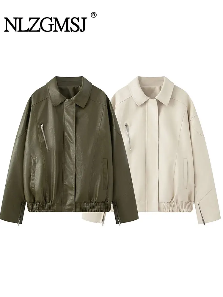 NLZGMSJ Vintage Casual Chic Women Leather Jackets Turn-down Collar Long Sleeve Zipper Coat Fashion 2025 Autumn Streetwear Outwea