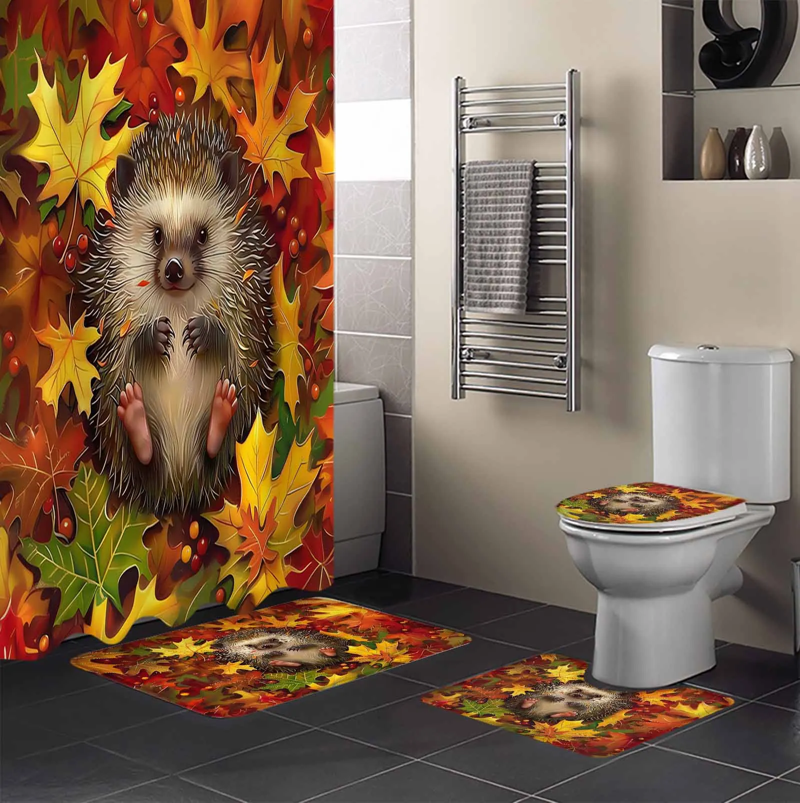 Autumn Maple Leaf Hedgehog Shower Curtain Set Non-Slip Rugs Bath Mat Toilet Lid Cover Waterproof Bathroom Curtain