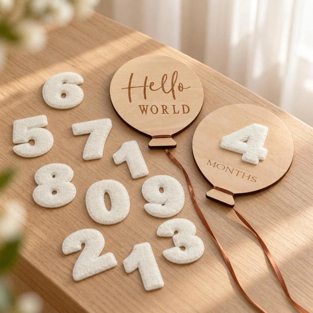 Felt Numbers Wood Balloon Photo Props Set Hello World Months 0-12M Baby Newborn Milestone Birthday Photography Gifts Accessories