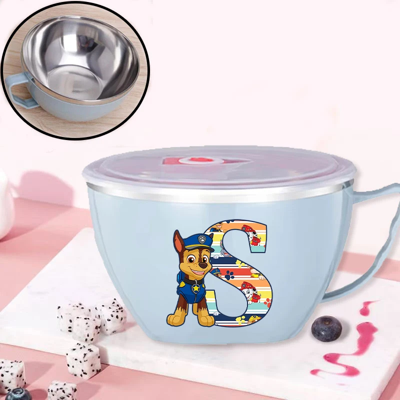 Cuenco de acero inoxidable con tapa de la Patrulla Canina para niños y niñas, cuencos con estampado de letras de dibujos animados A-Z, cuenco de comedor bonito a la moda para niños