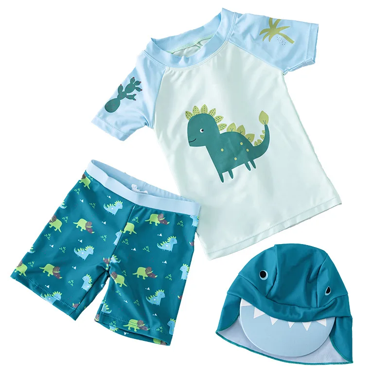 

1-7Y 3pcs/set Two Piece Swimsuit Toddler Swimwear Kids Child Boys Bathing Suit Beachwear Dinosaur Print Style With Sunhat Blue