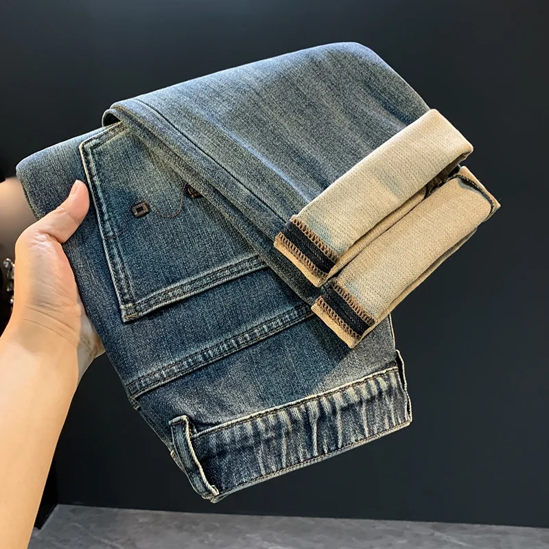 

Свободные маленькие прямые джинсы мужские, новинка 2023 года, осенняя модная брендовая корейская версия, эластичные повседневные универсальные длинные брюки высокого класса