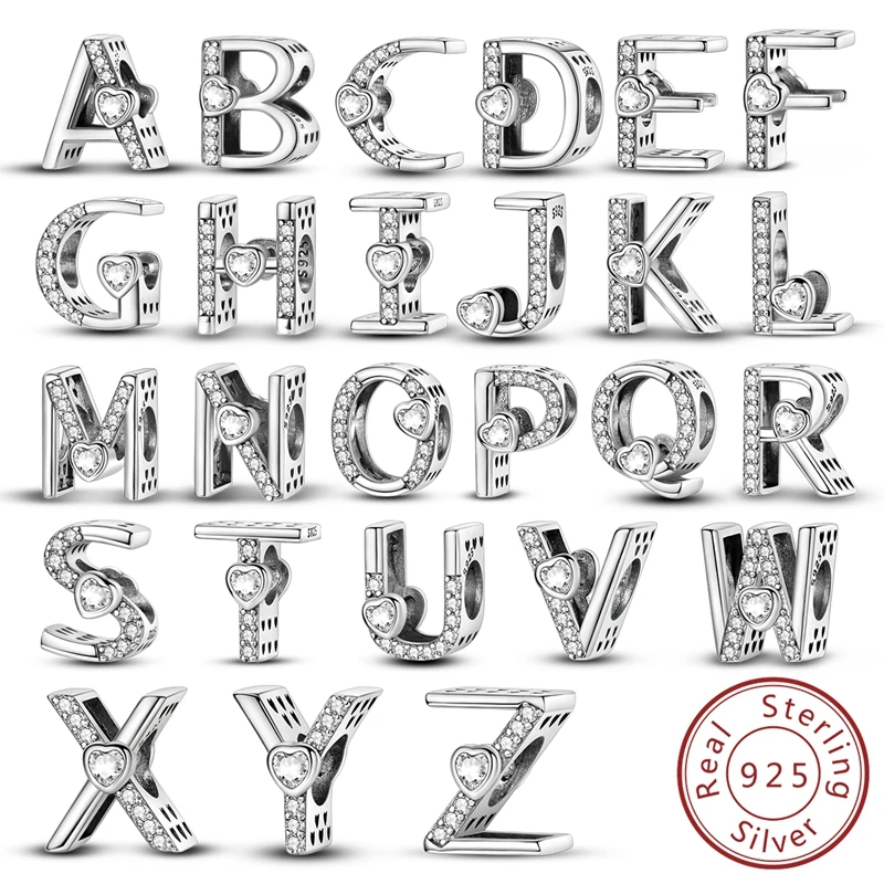 

Fit Original Bracelet Bead 925 Sterling Silver Heart Shape Zircon A-Z Letter Charms Beads For Women Jewelry Making Gift