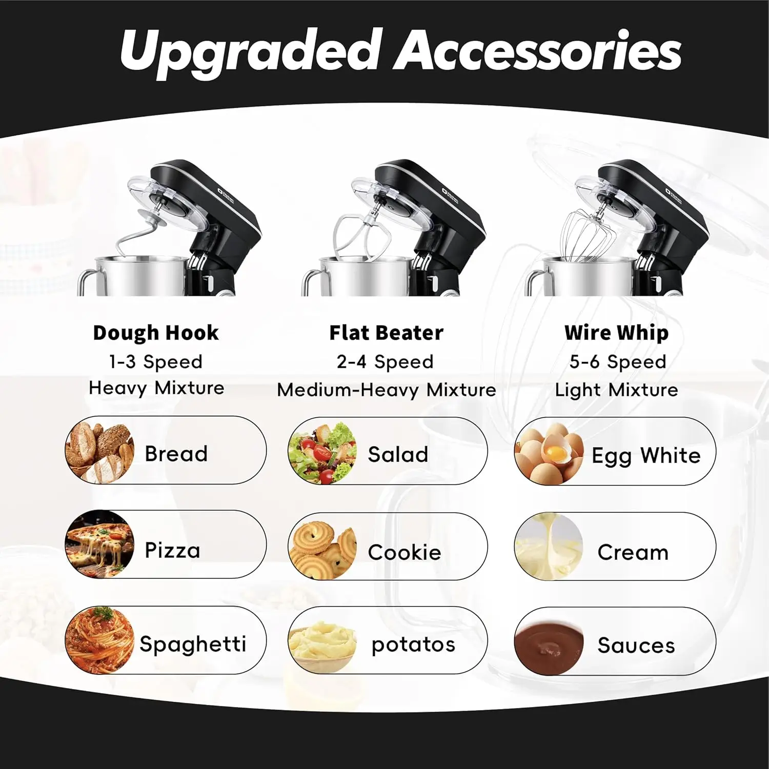 خلاط كيتشن إيد برأس مائل 900 وات 7.5 كوارت 6 سرعات خطاف عجين أسود خفق خبز خلط أجهزة المطبخ المنزلية