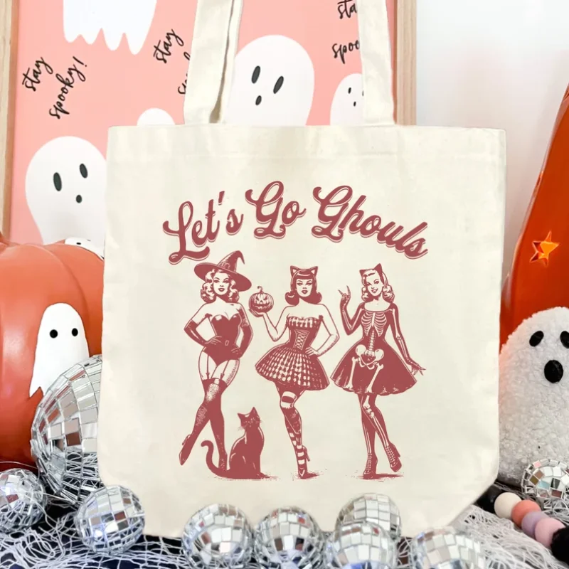 

Let’s Go Ghouls Halloween Tote Bag Vintage Canvas Trick-or-Treat Candy Bag Reusable Bachelorette Party Gift Bag Halloween Decor