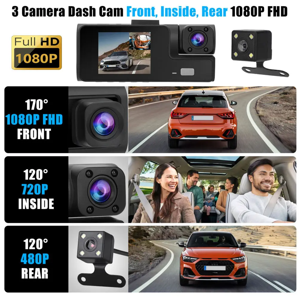 2-inch IPS Car DVR Dash Cam Front And Rear Inside 3 Channel 1080P Infrared Cabin Lights Night Vision With 24-Hour Loop Recording