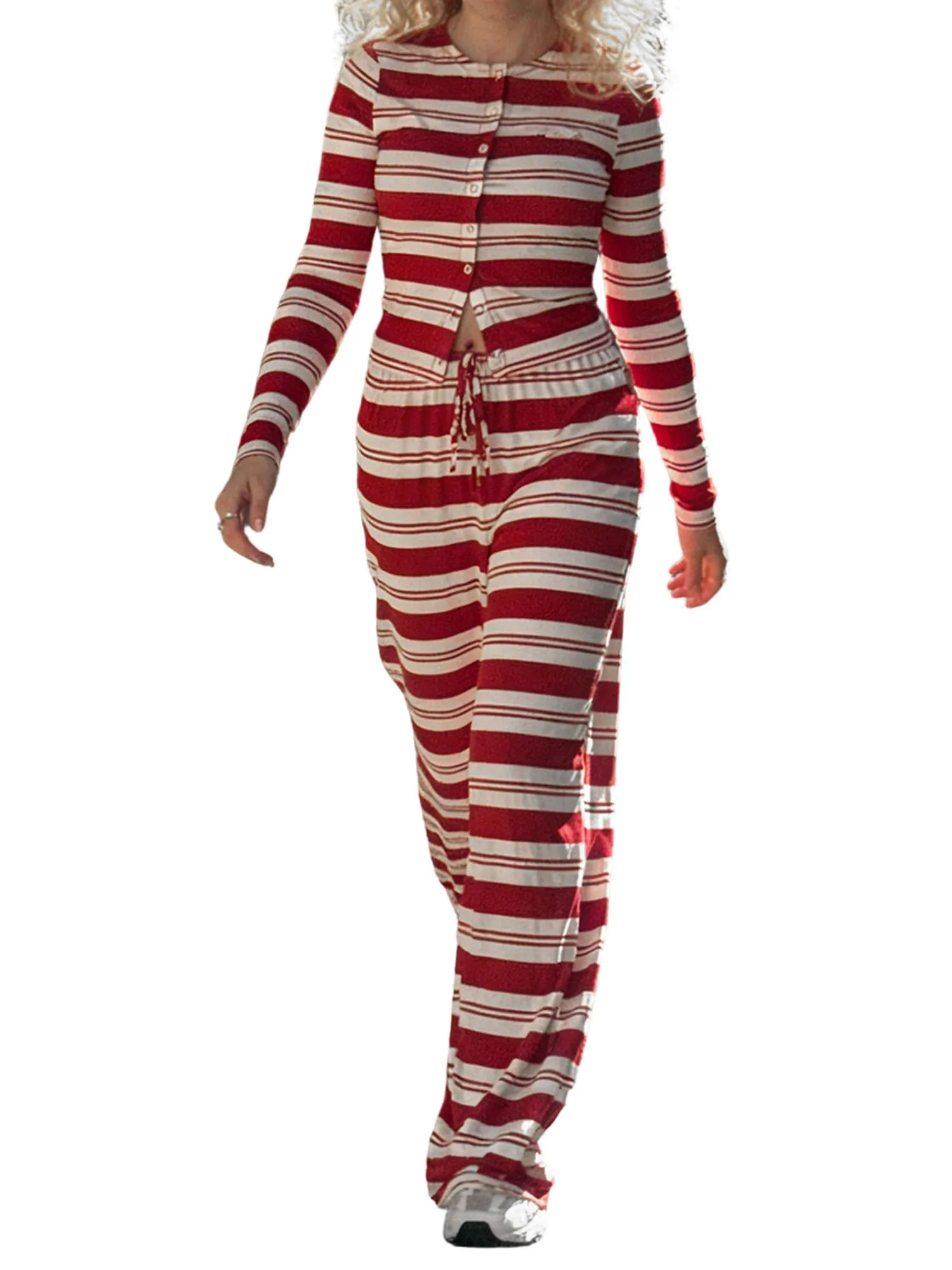 

Женские комплекты из двух предметов, модный комплект из топа и брюк на пуговицах с круглым вырезом и длинными рукавами в полоску