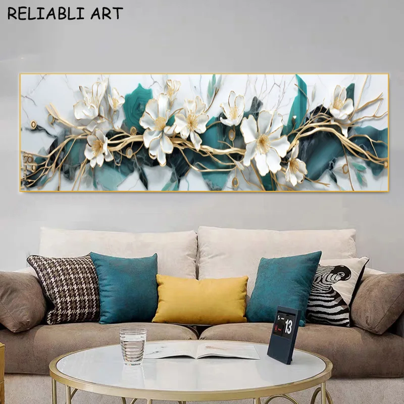 Green Marble Texture White Flower Tree Poster and Prints Modern Canvas Painting Wall Art for Living Room Home Decor No Frame