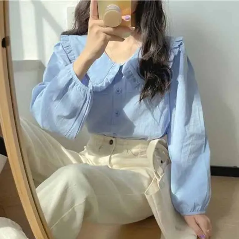 Women Spring Retro Style Milk Yellow Doll Collar Design Sense Long Sleeved Cardigan Blouse Female French Solid Color Shirt Tops