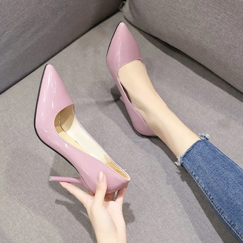 2022 Spring and Autumn New Large Size High Heels Patent Leather Thin Heel Shallow Mouth Temperament All-match Women\'s Shoes