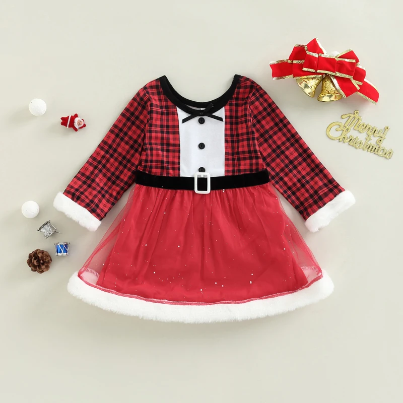 Girls Winter Dress Long Sleeve Round Neck Plaid Patchwork Tulle Dress Christmas Party Dress for Toddler Kids