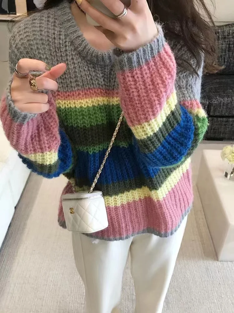 니트웨어 캐주얼 O넥 니트 스웨터 여성 풀오버 신상 긴팔 스트라이프 니트 스웨터 풀오버 여성 탑스 스웨터 Q2570