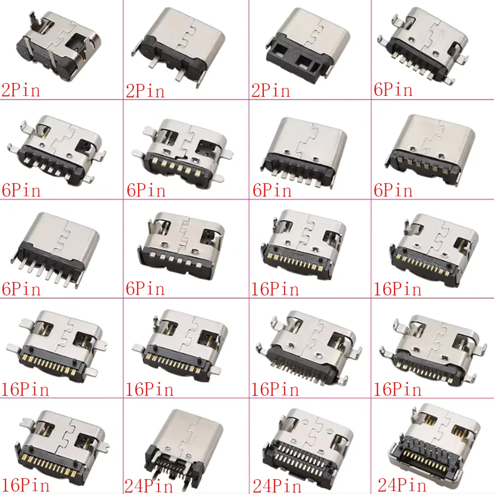 10Pcs USB Connector Type C Female Charging Port Jack 2P/6P/16P/24 Pin Soldering PCB SMD SMT DIY USB-C Socket Adapter