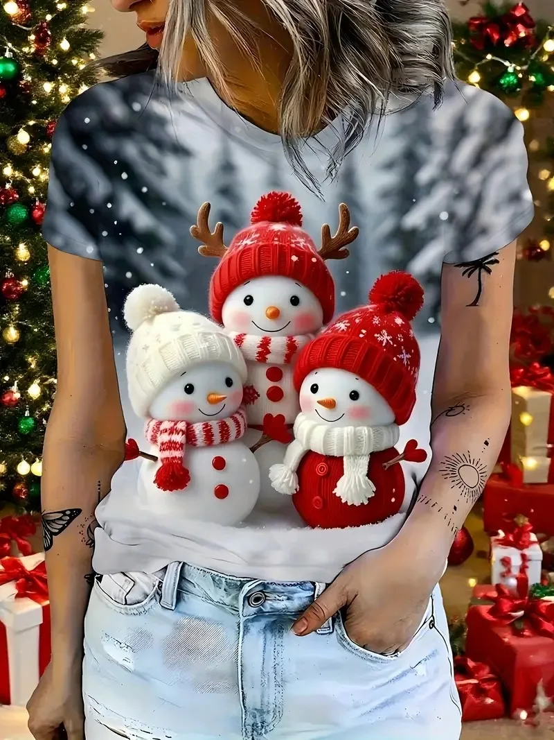 

Christmas Cute Snowman Print Round Neck Women's T-shirt Fashion Festival Party Street Daily Short Sleeve Loose Women's Clothing