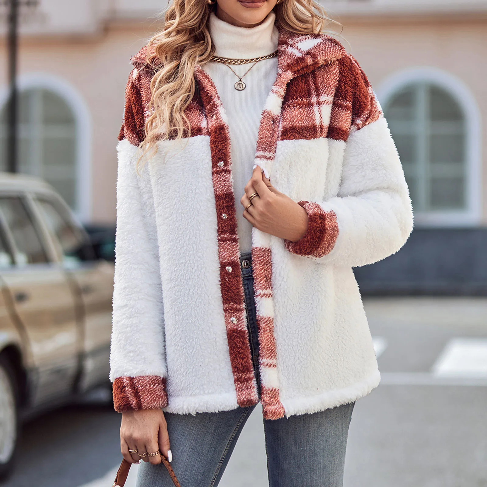 

Women'S Casual Splicing Warm Loose Plaid Long Sleeve Fleece Jacket With Buttons Stand Collar Autumn Winter Simple Wind Jacket