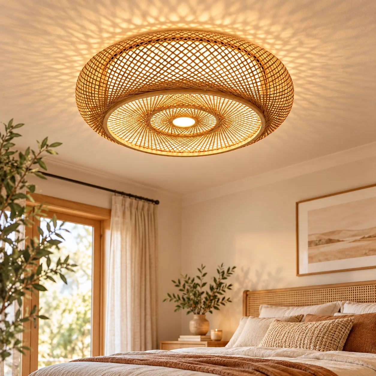 JOYINLED Bamboo Flush Mount Ceiling Light 40/50/60/80cm Handwoven Rattan Ceiling Lamp for Bedroom Living Room DiningRoom Hallway