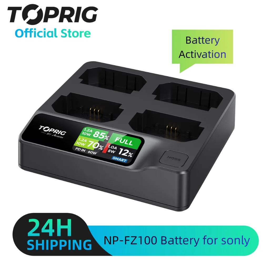 

Toprig 4-канальное быстрое зарядное устройство NP-FZ100 Type-C PD 100 Вт с ЖК-дисплеем для активации аккумулятора Sony NP-FZ100 A7iii A7iv A7C FX3 FX30