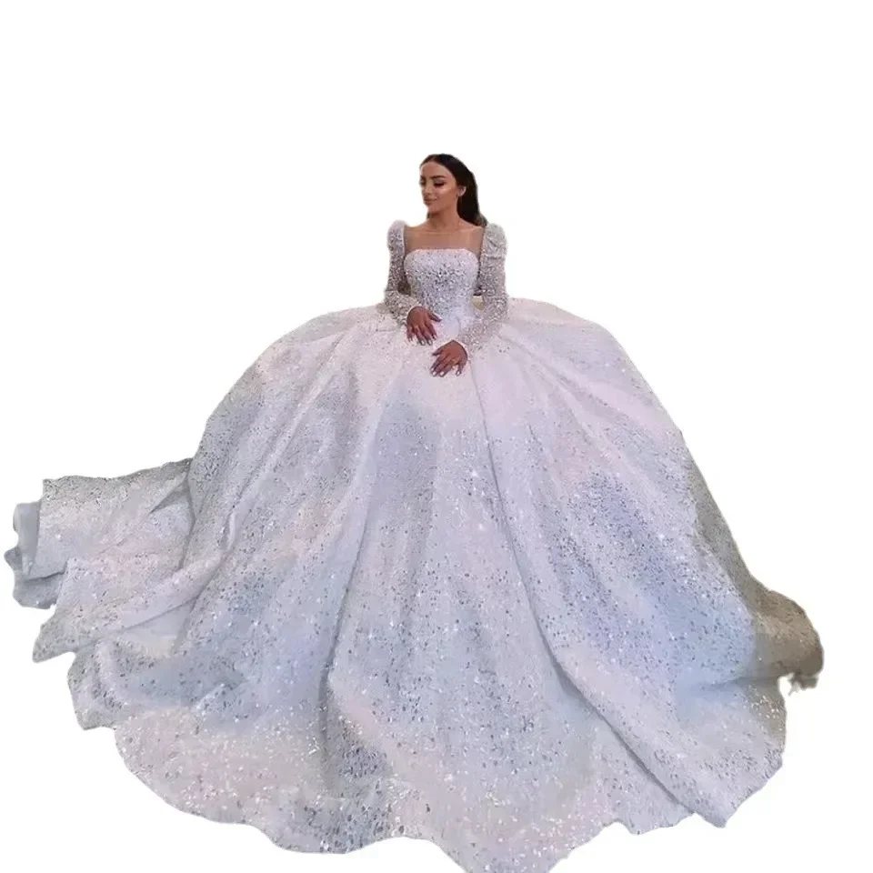 Customized Luxury Puffy Arabic Dubai Wedding Dress Square Neck Long Sleeves Crystal Beads Appliqued Lace Women Bridal Gowns Cour