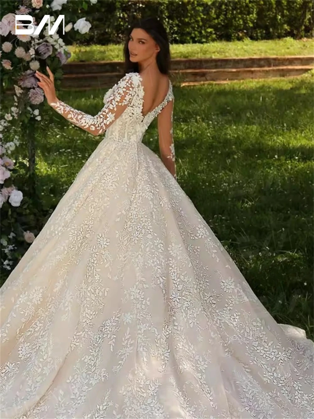 Vestidos de casamento linha a de renda doce para mulheres 2025, vestido de noiva personalizado com mangas de ilusão completa, vestido de noiva com cauda de corte