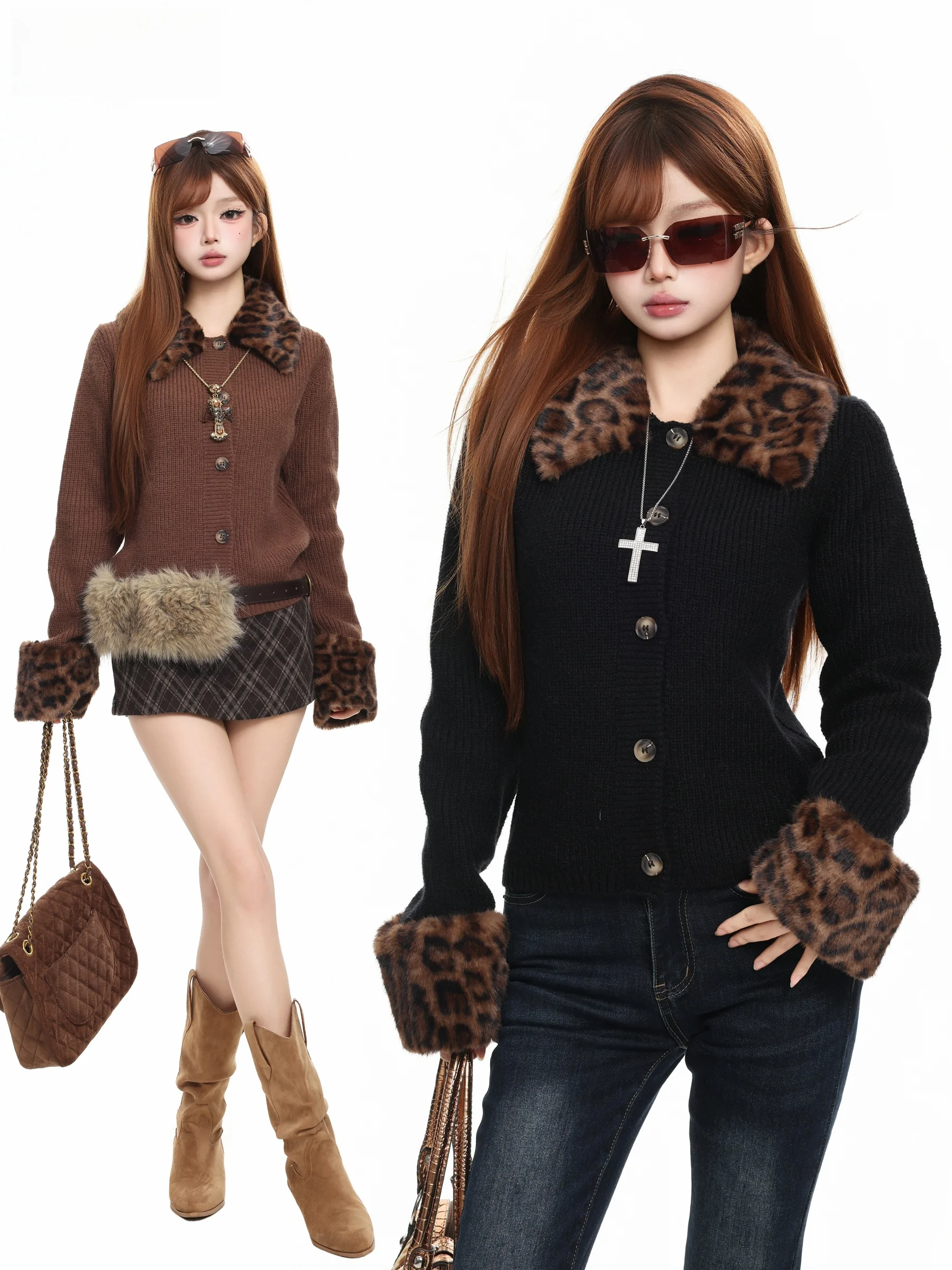 BASTERDS Vintage Leopard Print Removable Fur Collar Single Button Knitted Slim Fit Women's Autumn Winter Cardigan Coat