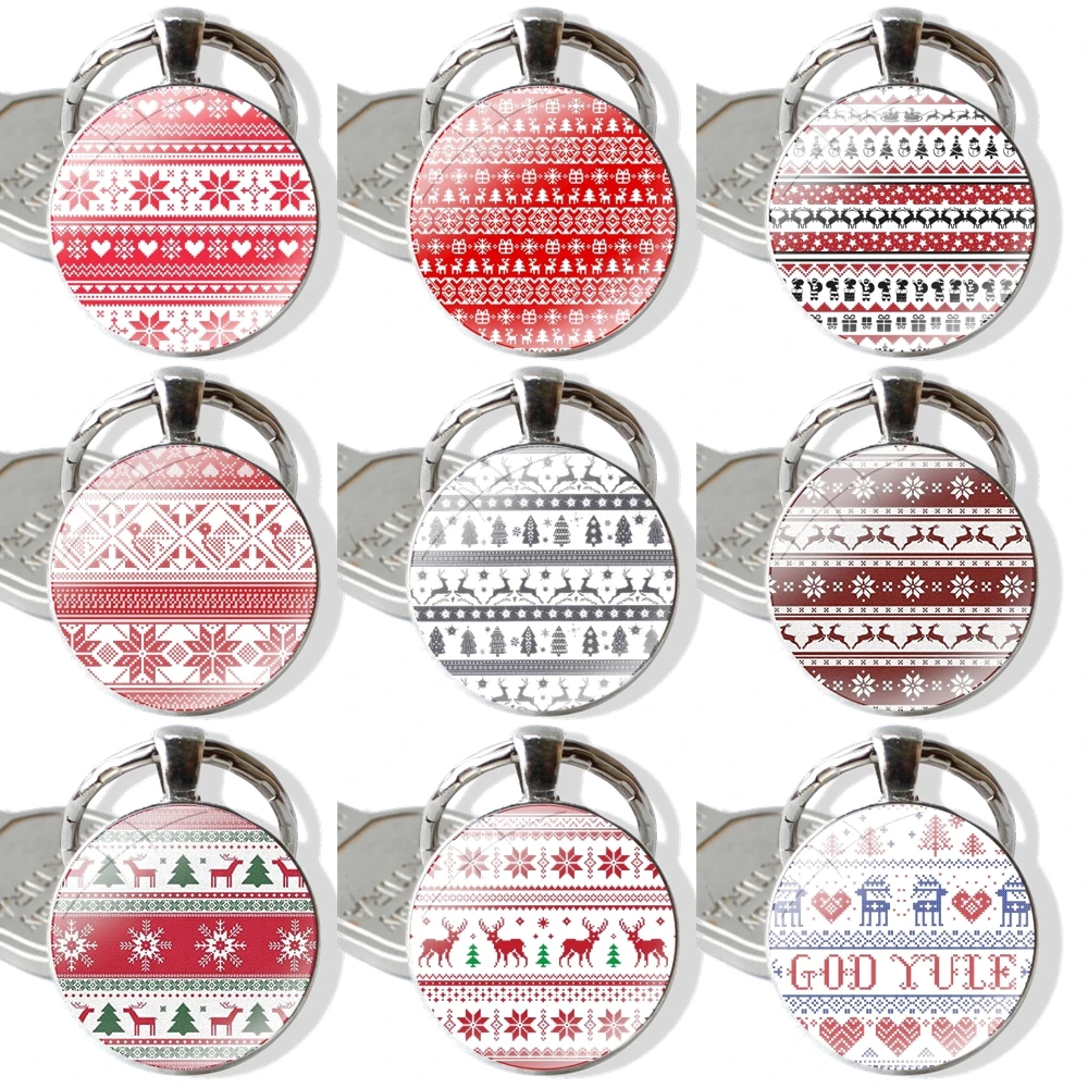 Red Love Line Christmas Decoration Art Patterns Keychain Handmade Glass Cabochon Key Ring Holder Pendant Key Chains