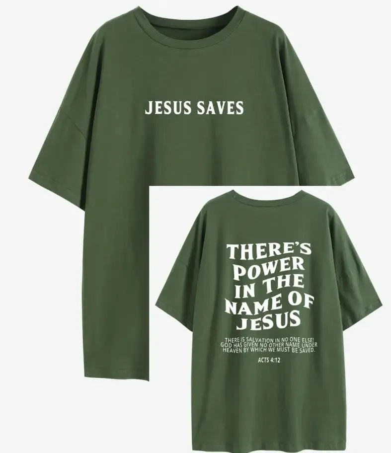 Jesus Saves There\'s Power in the Name of Jesus Oversized T-Shirt Christian Loose Tee Women Trendy Casual Cotton Aesthetic Top