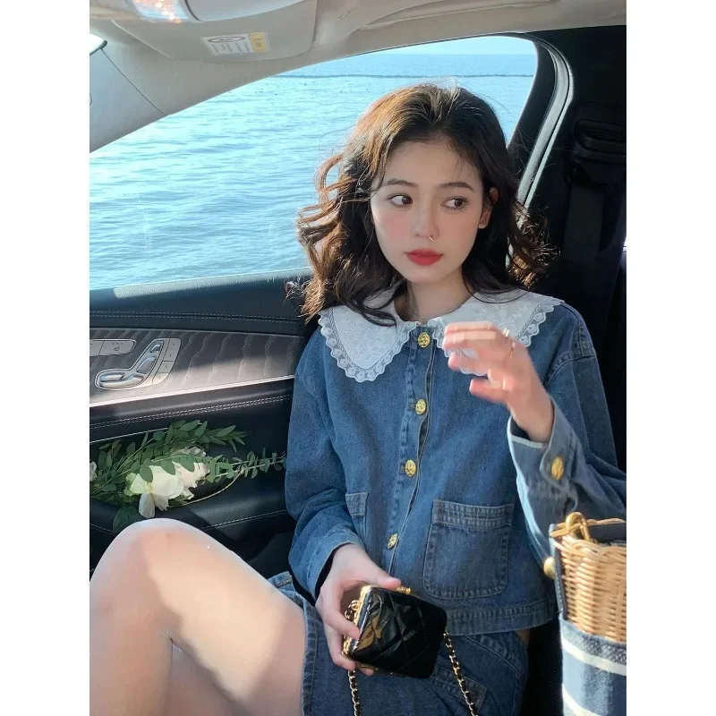

Set Women French Style High-end Pure Desire Style Doll Collar Denim Top A-line Skirt Short Skirt Two-piece Set Denim Suit