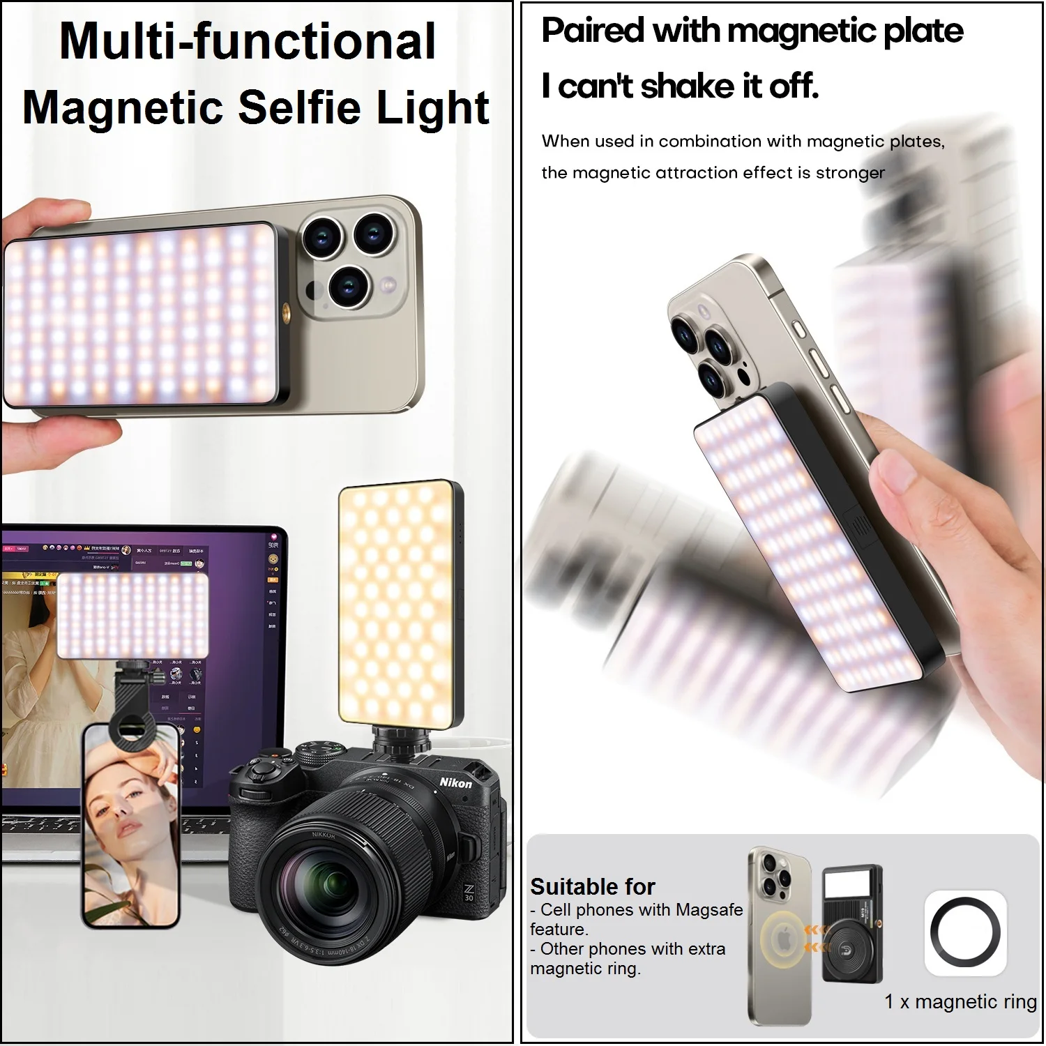 Luce magnetica per selfie per iPhone Clip per luce ricaricabile per telefono Luce video a LED per telefono iPad Fotocamera Laptop Vlog Tiktok Trucco