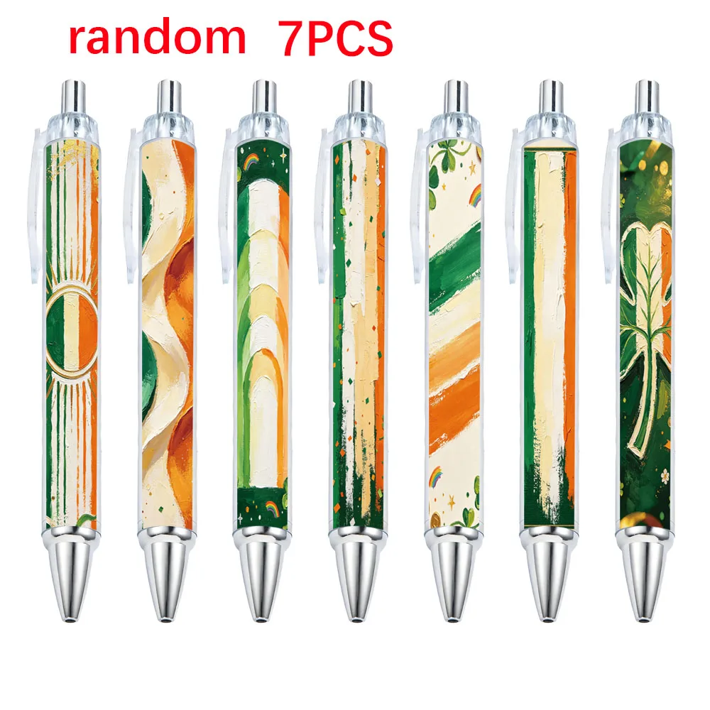 7pcs Irish Tricolor Oil Painting Style Push Button Round Pens with Random Patterns