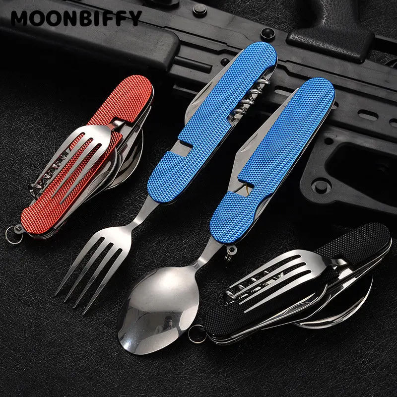 6 In 1 Detachable Tableware Multifunctional Camping Stainless Steel Fork Knife Spoon Bottle Opener Fold Outdoor Hiking Travel