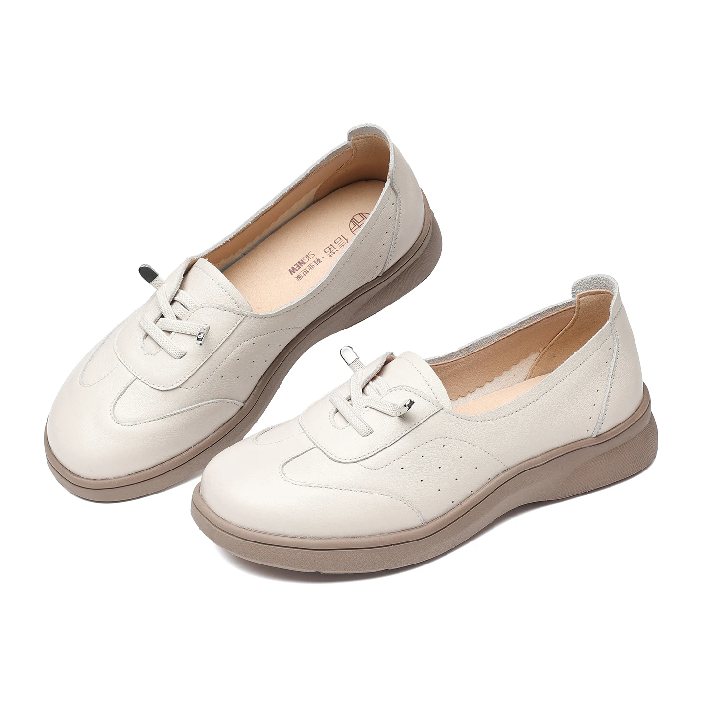 New Style Genuine Leather Hollow-Out Breathable Loafers for Women, Khaki Color, No Laces, Soft Sole, Non-Slip, Versatile for Commuting and Daily Wear, Comfortable Shoes for Women That Won'T Make Your Feet Tired Even if You Stand for a Long Time