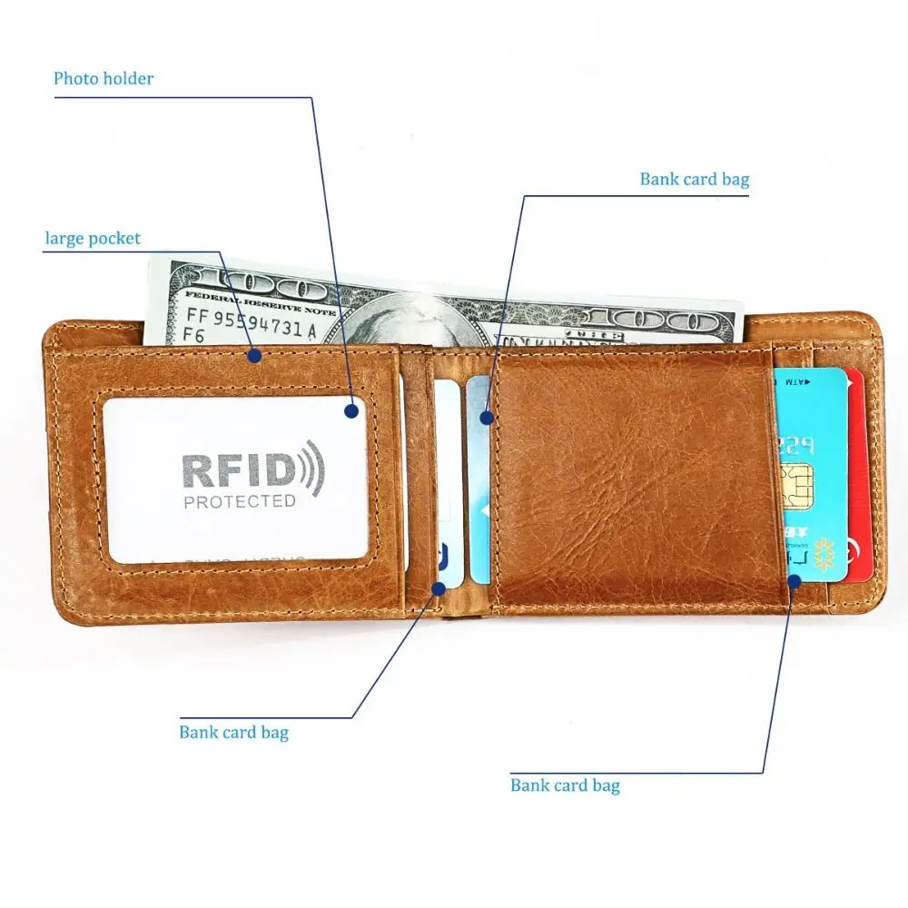 Minimalist Men's Leather Slim Wallet ID Window Cowhide Leather Money Clip for Men 6 Card Slots Low Profile