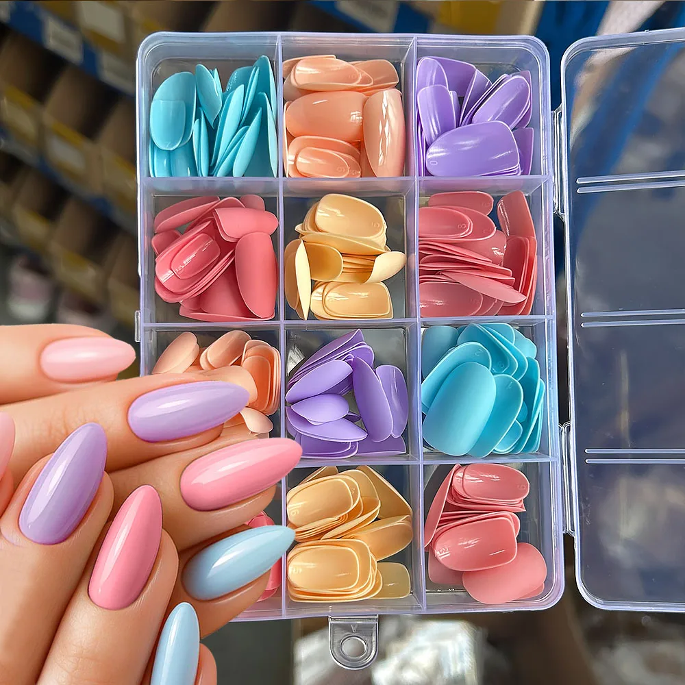

1box Mix Glossy/Matte Morandi Color Fake Nails Short Almonds Pink Blue Purple Full Cover Fasle Nails Solid Color Artificial Nail