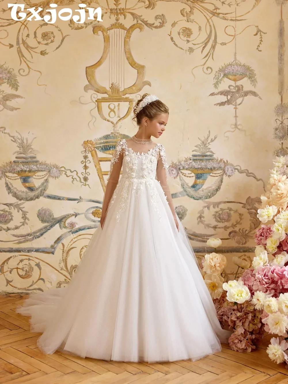 Glitter Tulle 3D Floral Girls Dresses For Stage Performance Delicate Luxury Beaded A-line Long Princess Gown Kids Wedding Wear