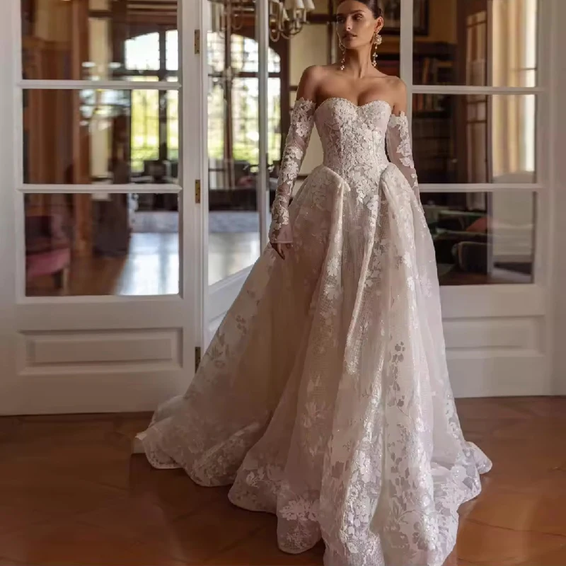 

A-line Long Wedding Dress Detachable Train Sequined Lace Appliques Bridal Gown Elegant Customized Elegant Dresses For Bride