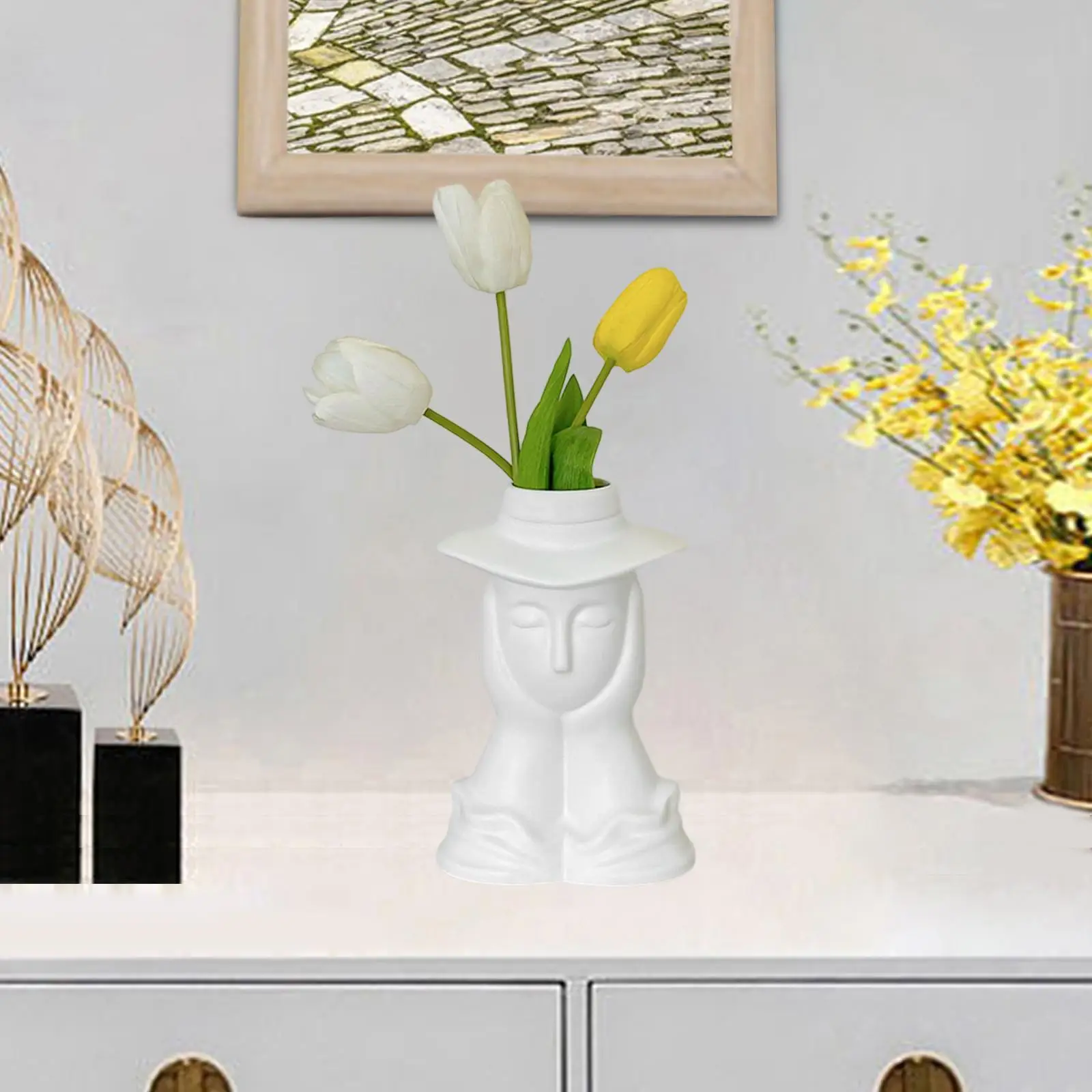 مزهرية وجه من الراتنج، مزهرية على شكل زهرة نصف الجسم لغرفة المعيشة على الرف المركزي #3