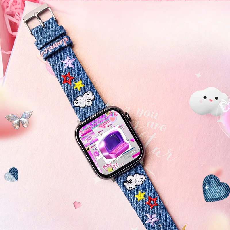 Applicable for Apple Watch Applewatch9 Iwatch S10 Embroidered Strap, Canvas  Strap, Creative Strap