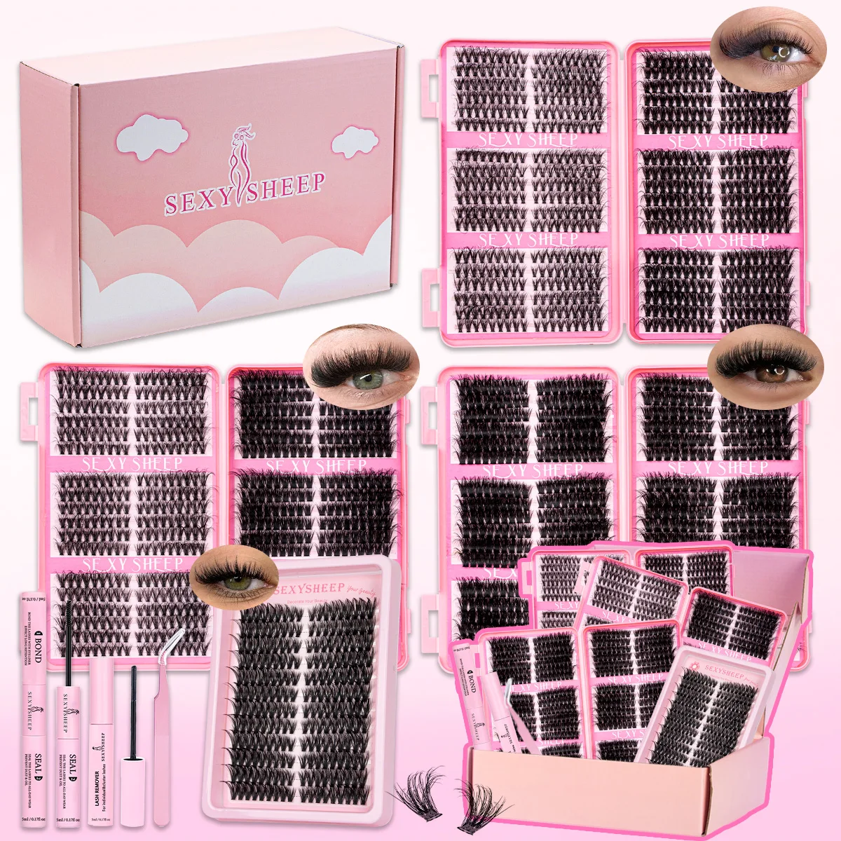 Kit de Extensión de Pestañas DIY, Pestañas en Racimo Estilo Ojo de Gato con Adhesivo y Sellador, Regalo para Festivales de Maquillaje