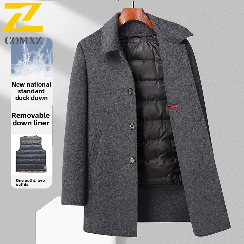COMXZ Mens Long Down Jacket Thicken Outdoor Work Lightweight Padded Jacket High End Detachable Inner Layer Warm Winter Wool Coat